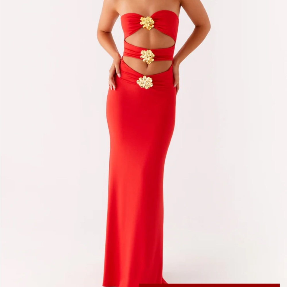 Peppermayo Strapless Red Dress with Gold Accents